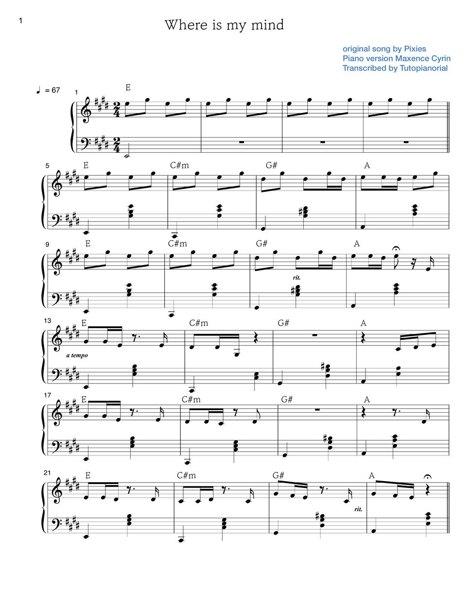 Maxence Cyrin Where is my mind (Pixies) Partition musicale by