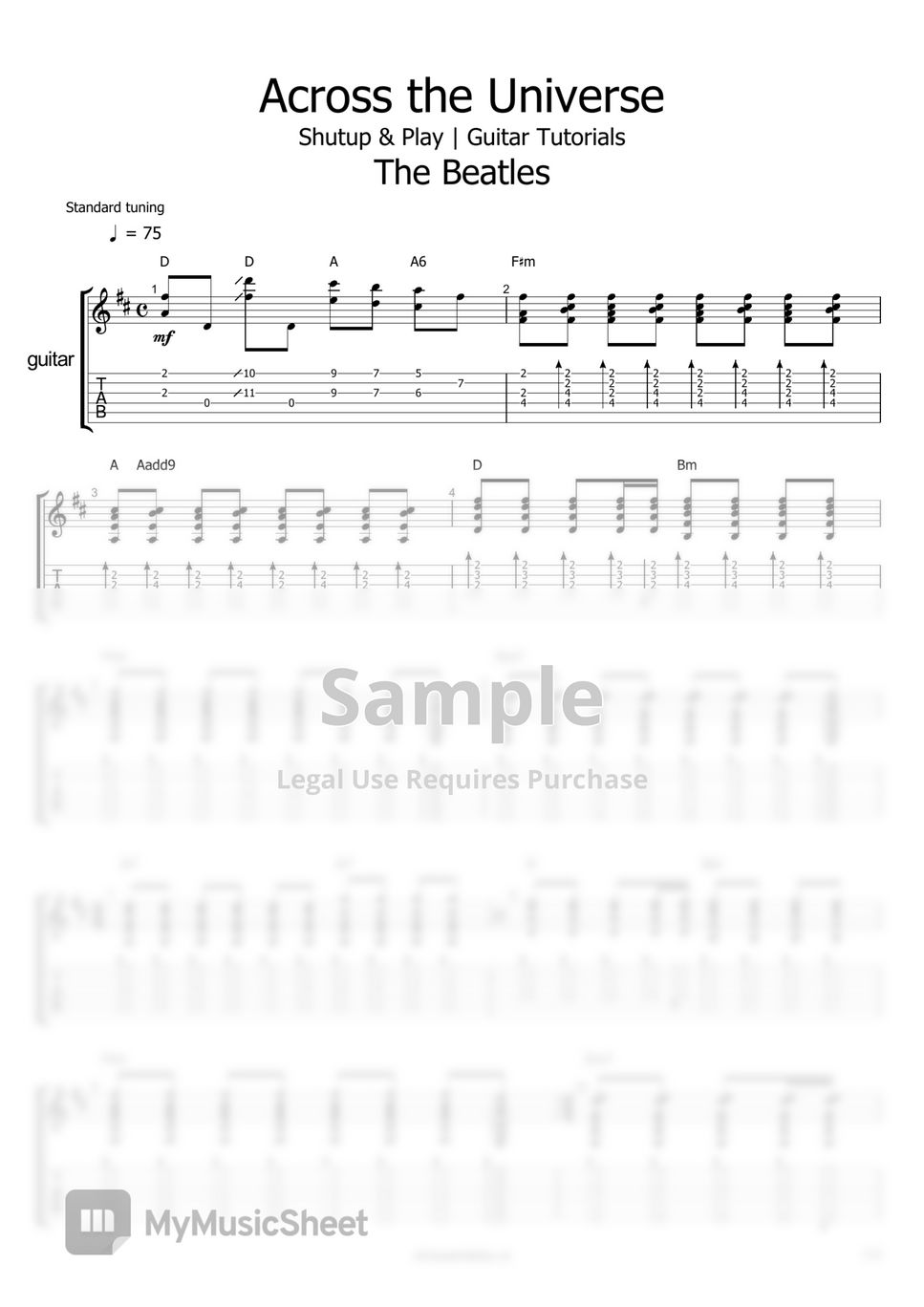 The beatles across the universe by shutup play guitar tutorials
