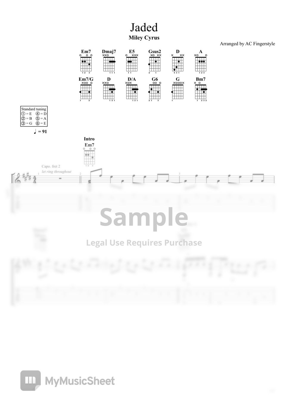 Miley Cyrus Jaded Tab + 단선 악보 by AC Fingerstyle