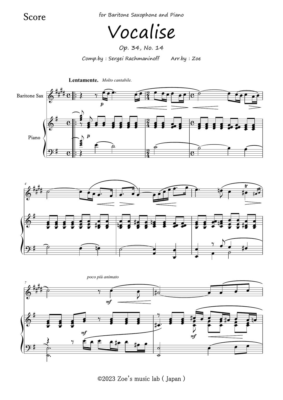 Rachmaninoff - Vocalise Op.34,No.14 / for Baritone Sax and Piano ...