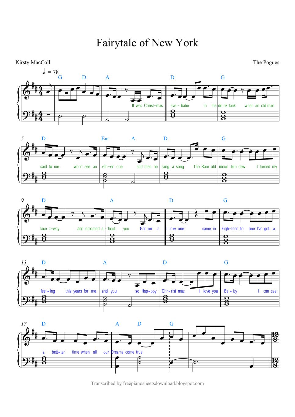 The Pogues Fairytale of New York (Accurate easy version with lyrics and chords) Sheets by Rita B