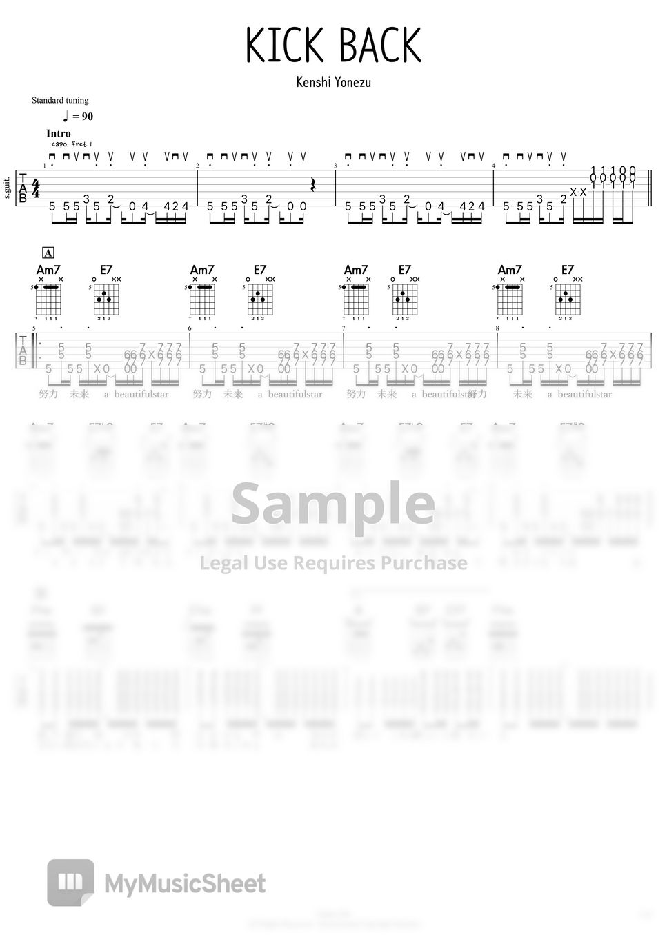 요네즈 켄시 KICK BACK (체인소맨 오프닝) Tab + 1staff by Chase Cho