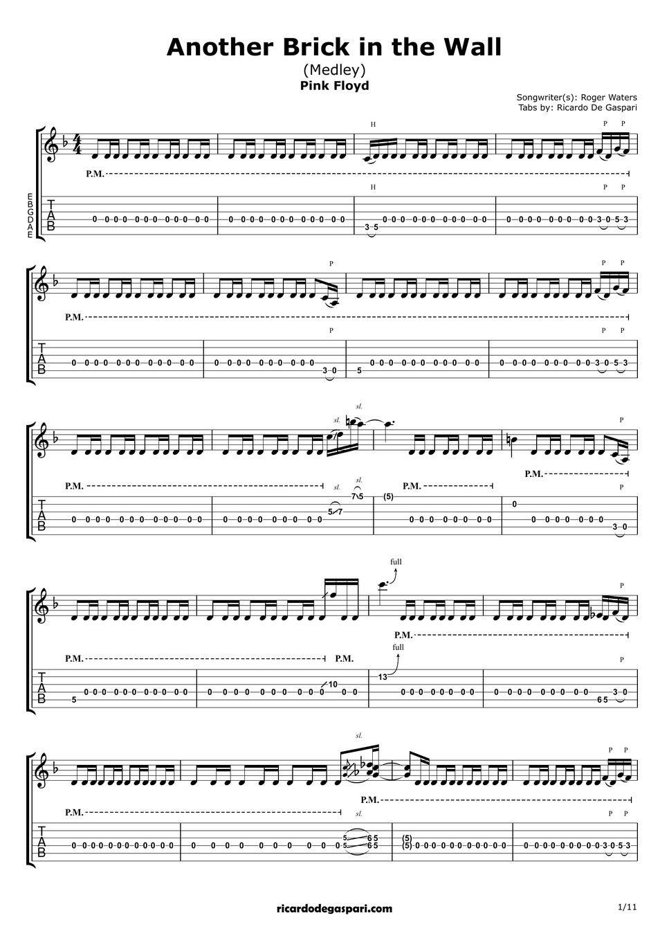 Pink Floyd Another Brick in the Wall (for one guitar) Sheets by Ricardo De Gaspari