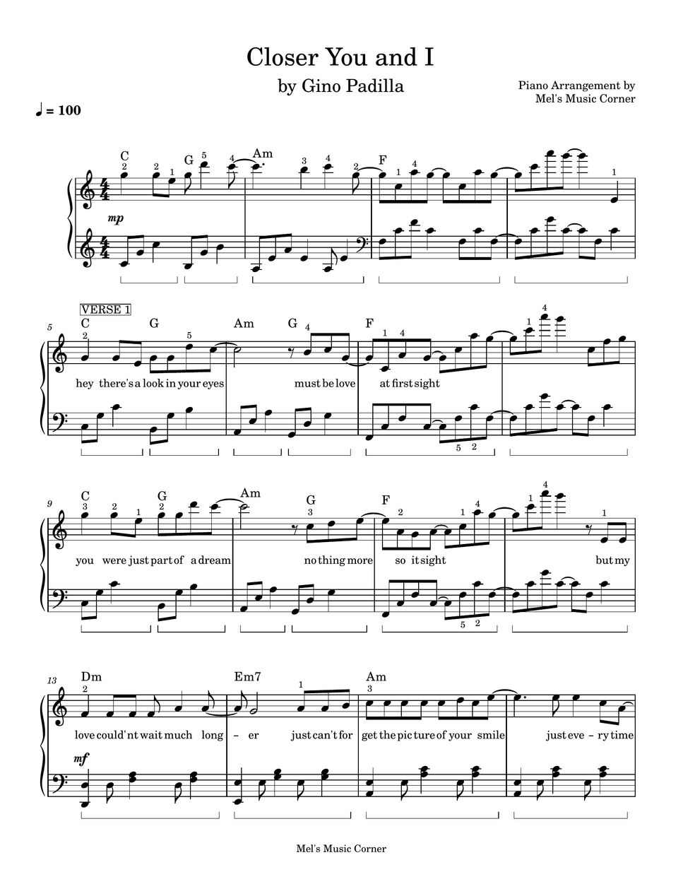 Gino Padilla - Closer You and I (piano sheet music) by Mel's Music Corner