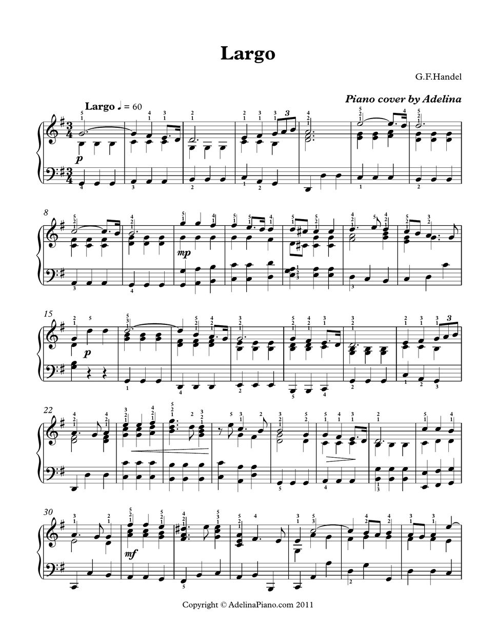 G.Handel Largo Sheet by Adelina Piano