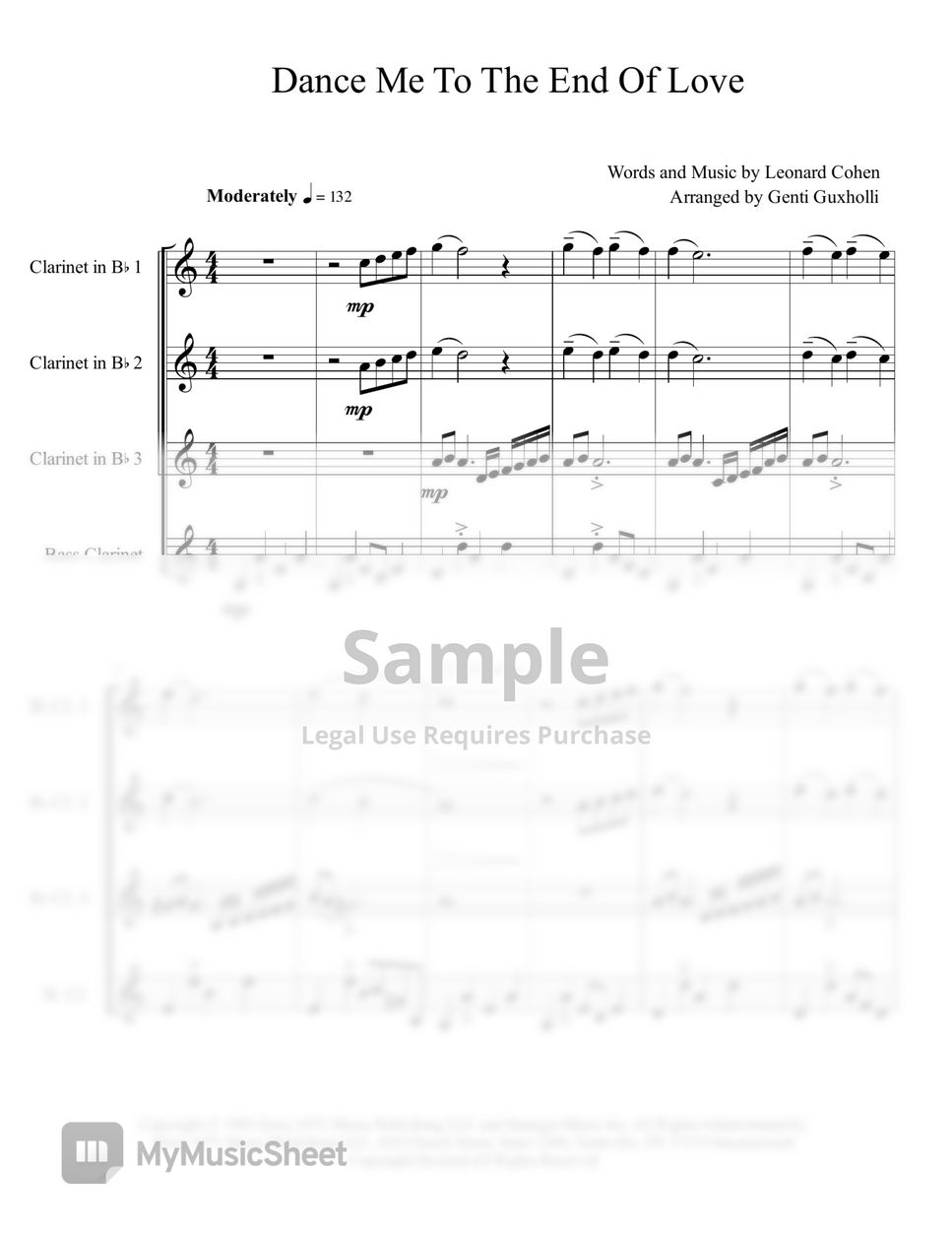 Leonard Cohen Dance Me To The End Of Love Quartet) Sheets