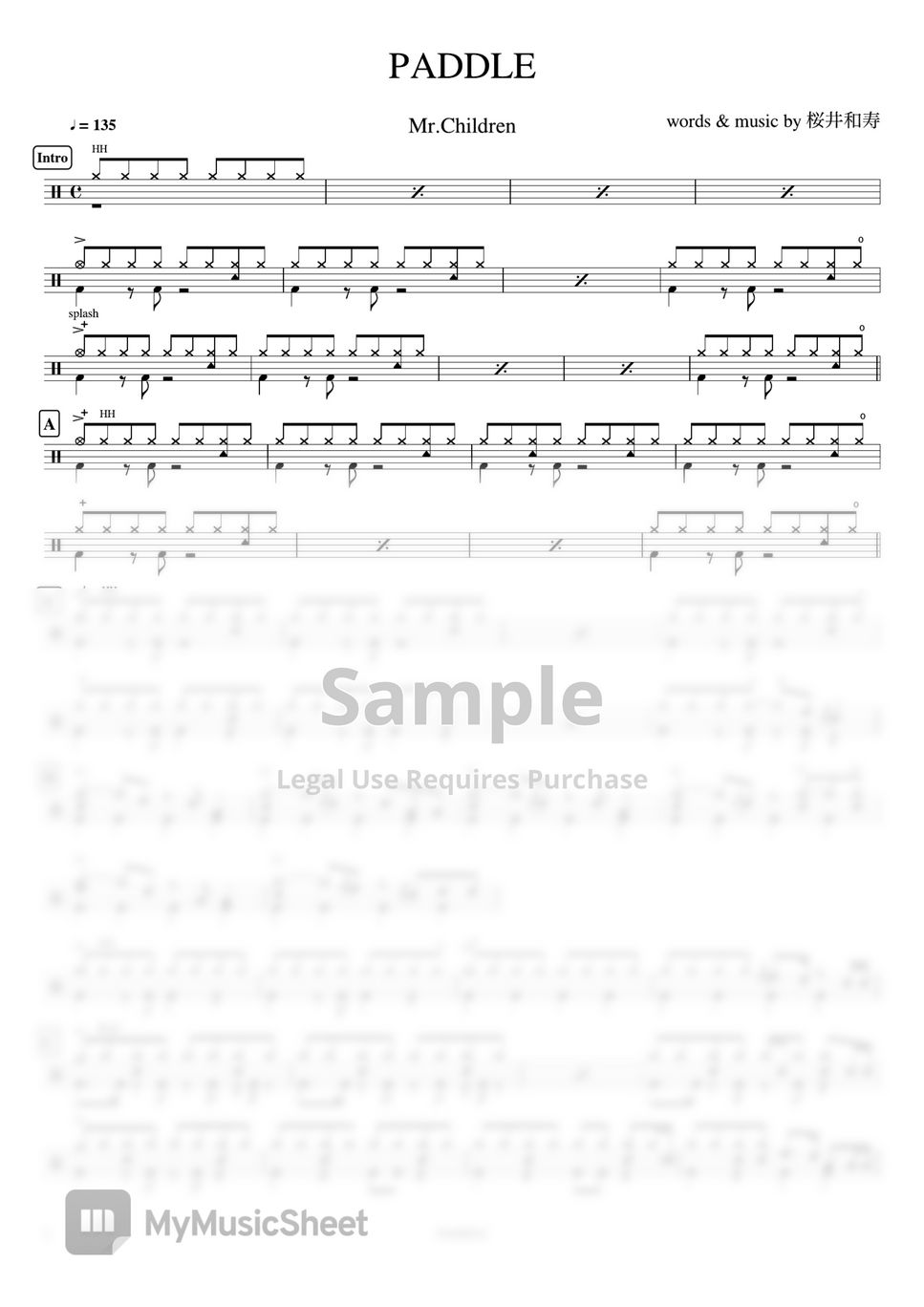 Mr.Children - PADDLE Sheets by Cookai's J-pop Drum sheet music!!!