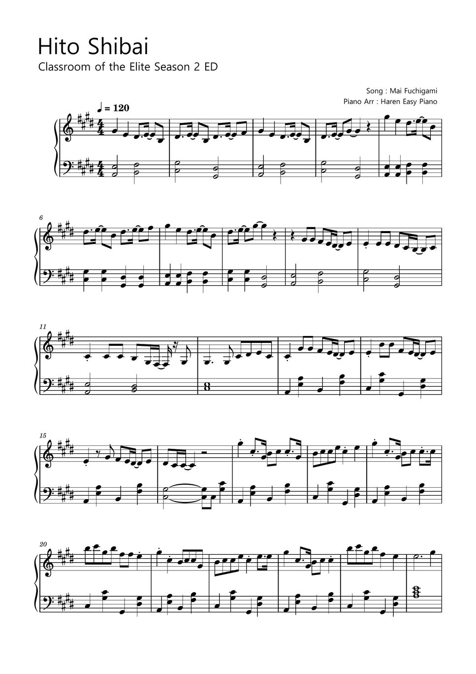 Classroom of the elite season 2 ed hito shibai sheet by haren easy piano