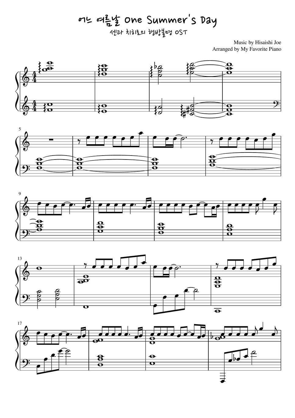 Spiriting Away OST - One Summer's Day Sheet by My Favorite Piano