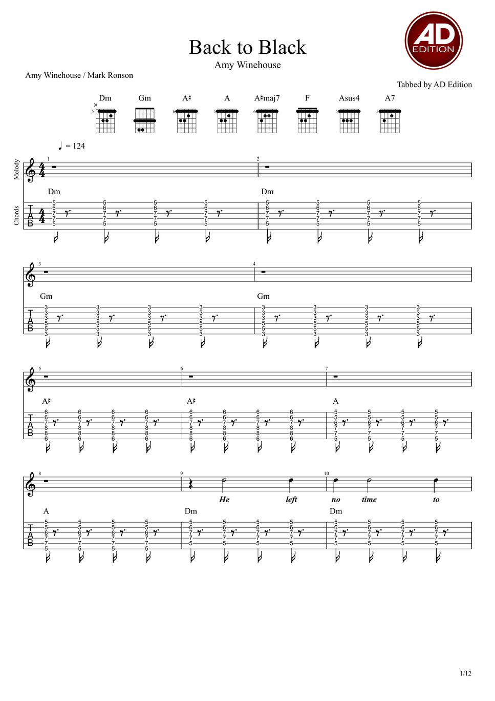 Amy winehouse back to black melody guitar tab chords b n nh c by