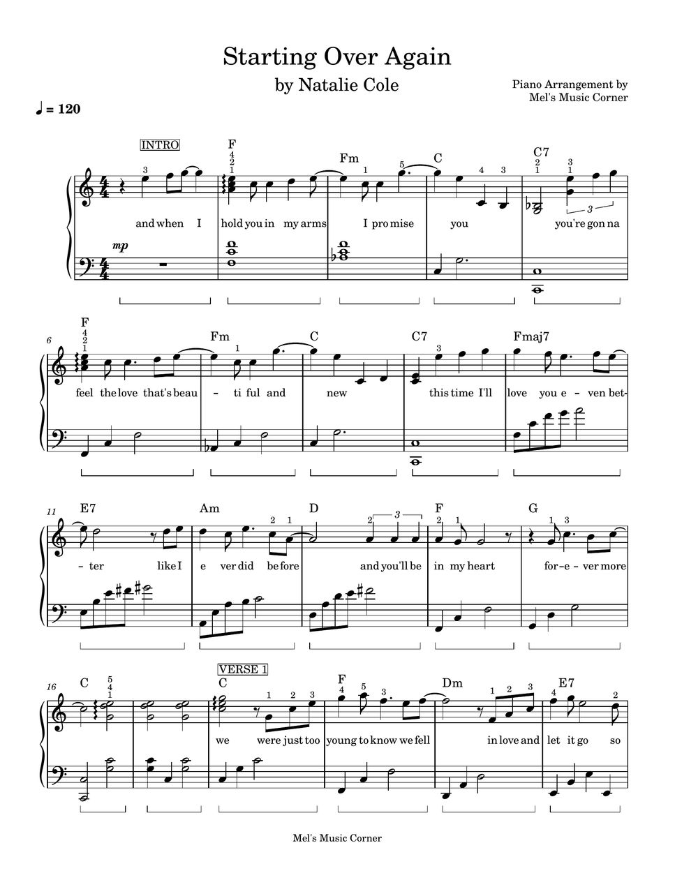 Natalie Cole - Starting Over Again (piano sheet music) by Mel's Music Corner