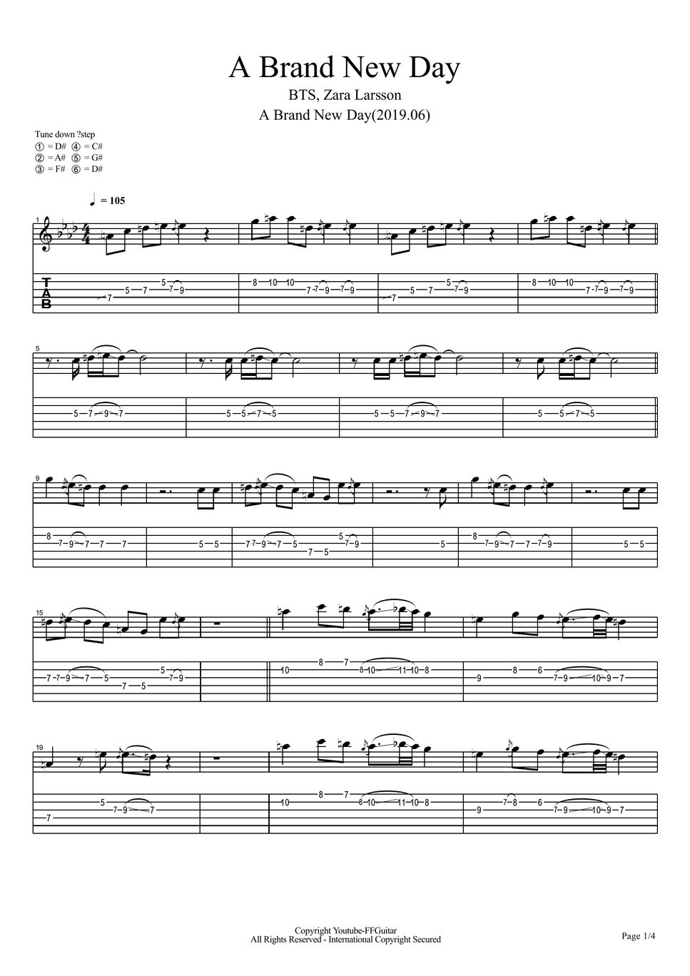 BTS A Brand New Day (feat. Zara Larsson) Guitar Cover. 악보
