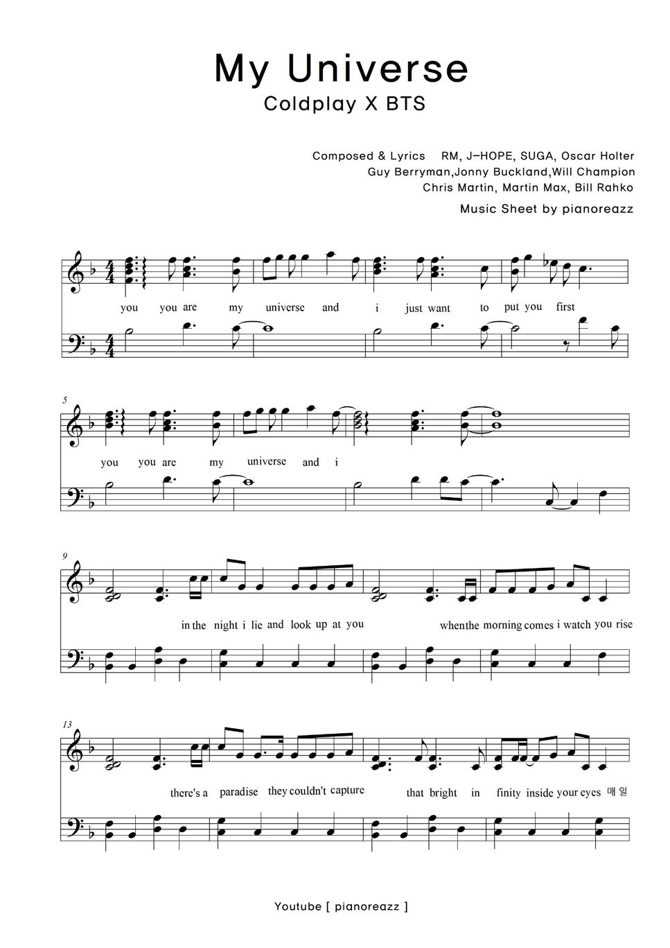 Coldplay & BTS My Universe (easy Key+Lyrics) Partitura by pianoreazz