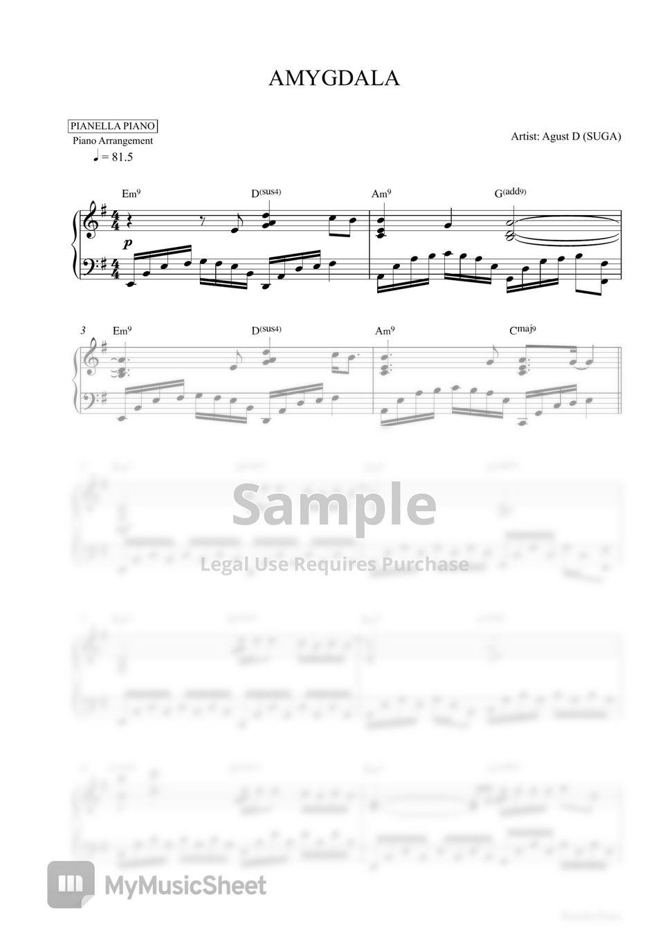 Agust D (SUGA) - AMYGDALA (Piano Sheet) by Pianella Piano