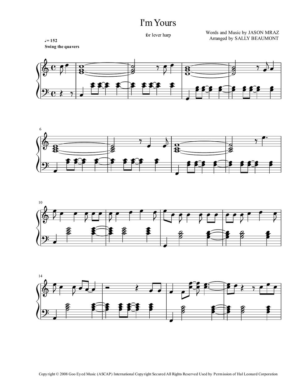 Jason Mraz - I'm Yours (harp) Sheets by Sally Beaumont