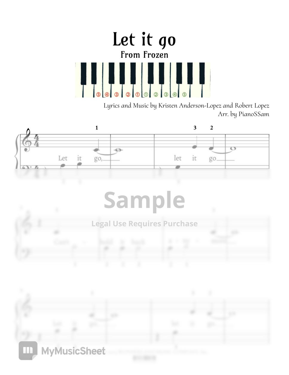 Frozen [Level 1] Let it go Piano Arrangement in C major + MIDI file (Disney) 악보 by PianoSSam