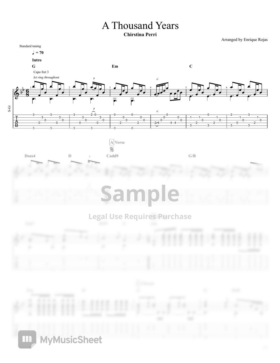 Christina Perri A Thousand Years (Fingerstyle Guit) Tab + 단선 악보 by