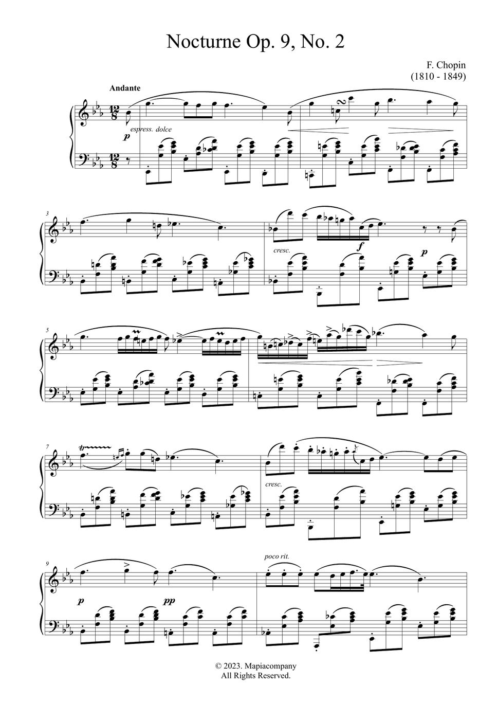 F. Chopin - - Nocturne Op.9 No.2 piano sheet free Hoja by MyMusicSheet Official