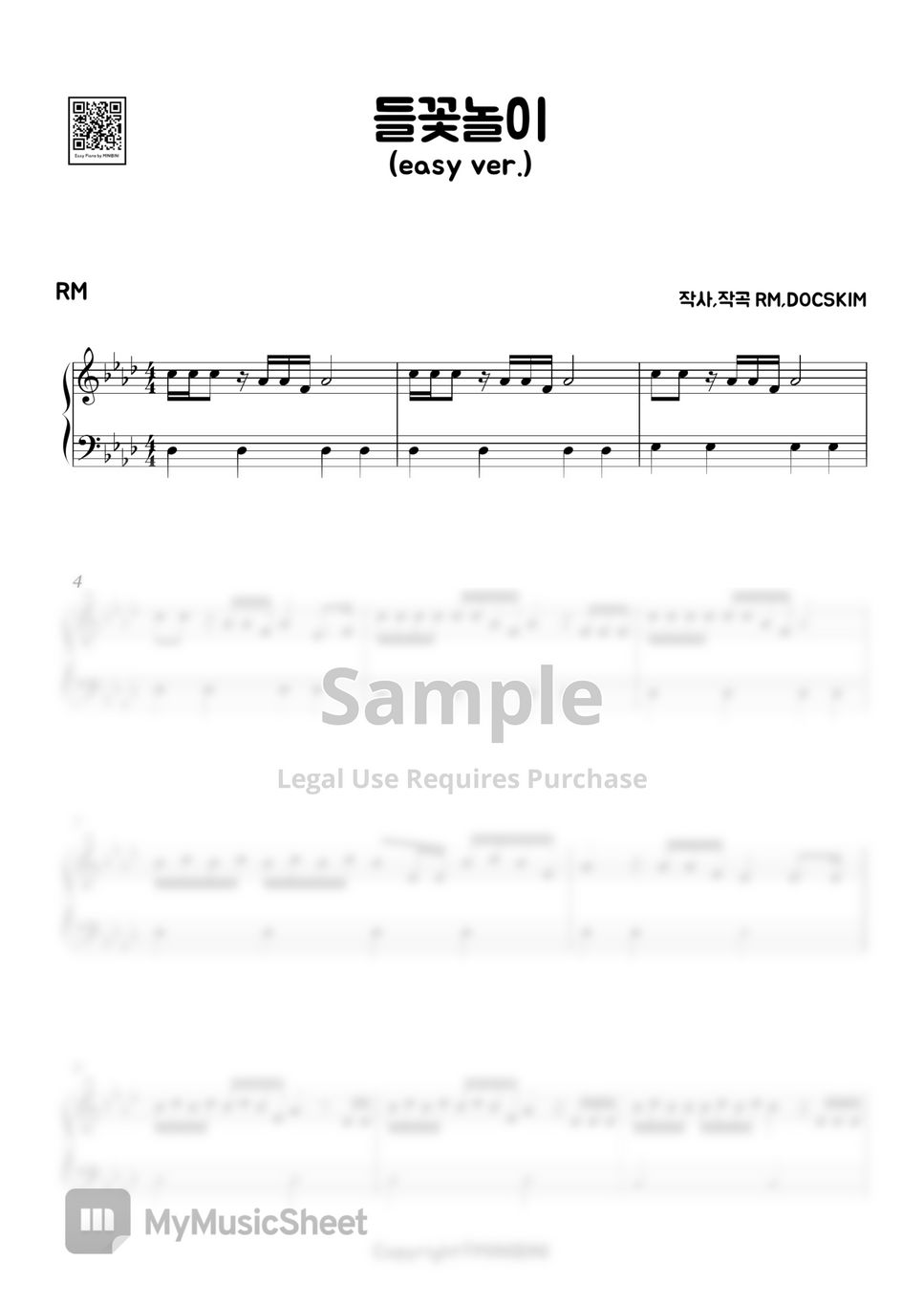 RM (BTS) Wild Flower (들꽃놀이) (Easy Version) 악보 by MINIBINI