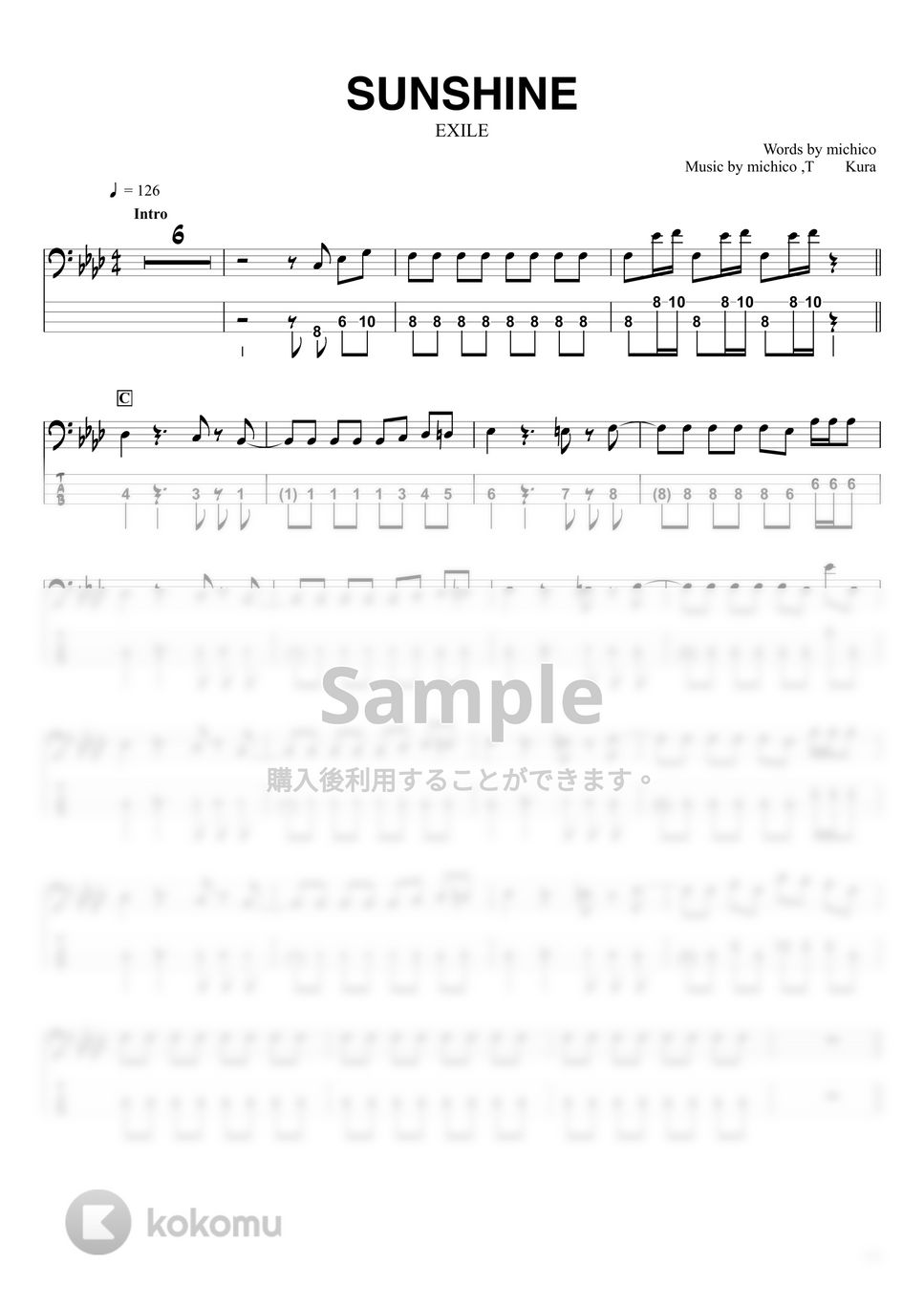 EXILE - SUNSHINE (『ベースTAB譜』☆4弦ベース対応) by swbass
