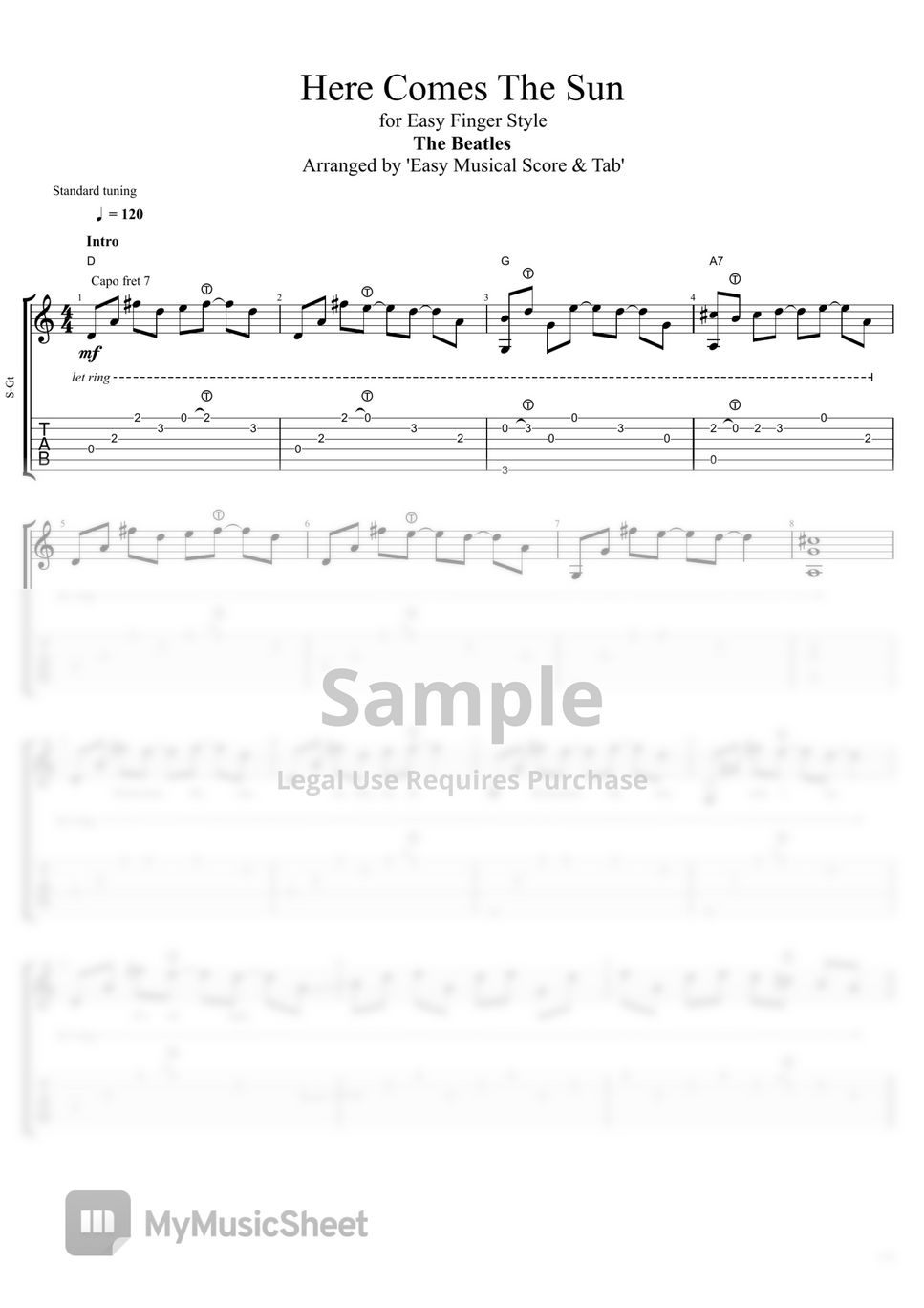 The Beatles - Here Comes The Sun (Tab for easy Finger Style) by Easy Musical Score & Tab