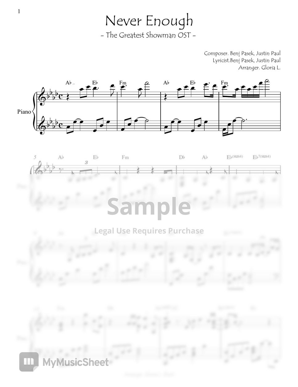 Loren Allred - Never Enough (The Greatest Showman OST) Piano Sheet by.  Gloria L. Spartito