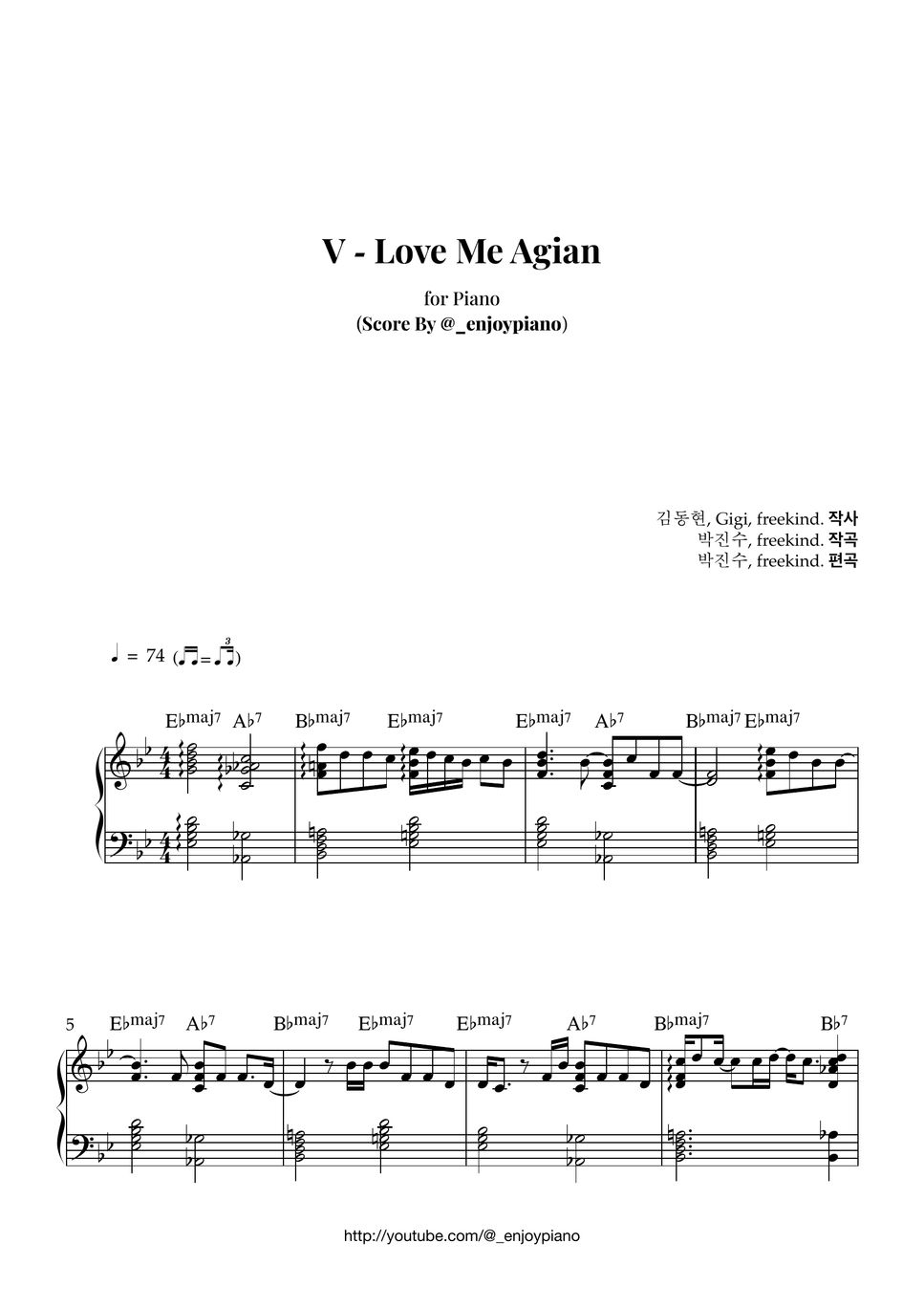 뷔 V 방탄소년단 Bts Love Me Again Piano Cover Sheets By Enjoypiano