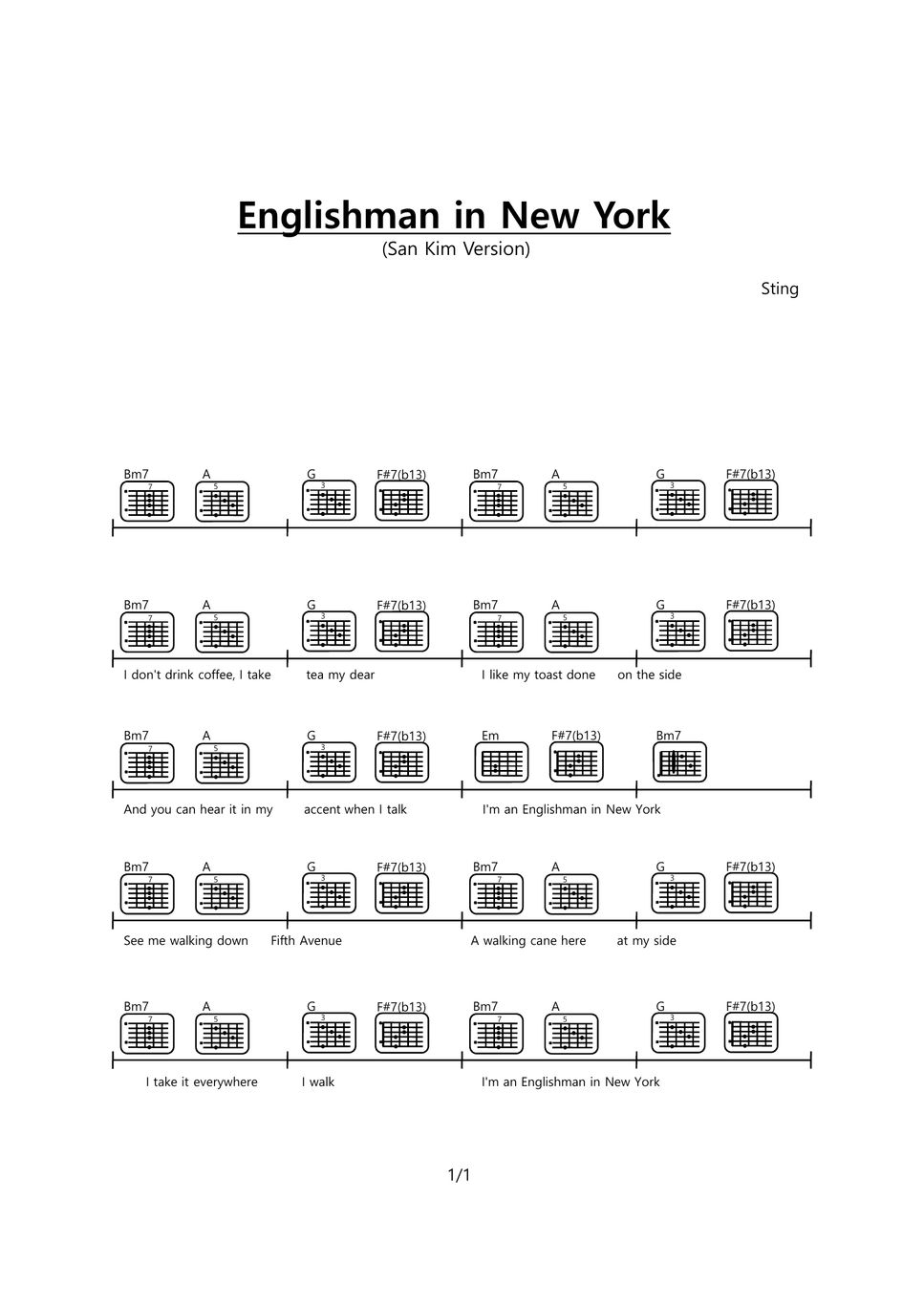 Sting - Englishman In NewYork Chords score (Sam Kim version) Sheets