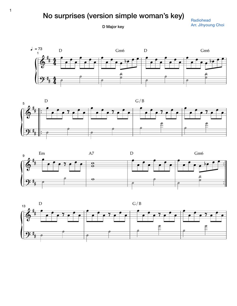 Radiohead No surprises (Higher key) 악보 by Tutopianorial