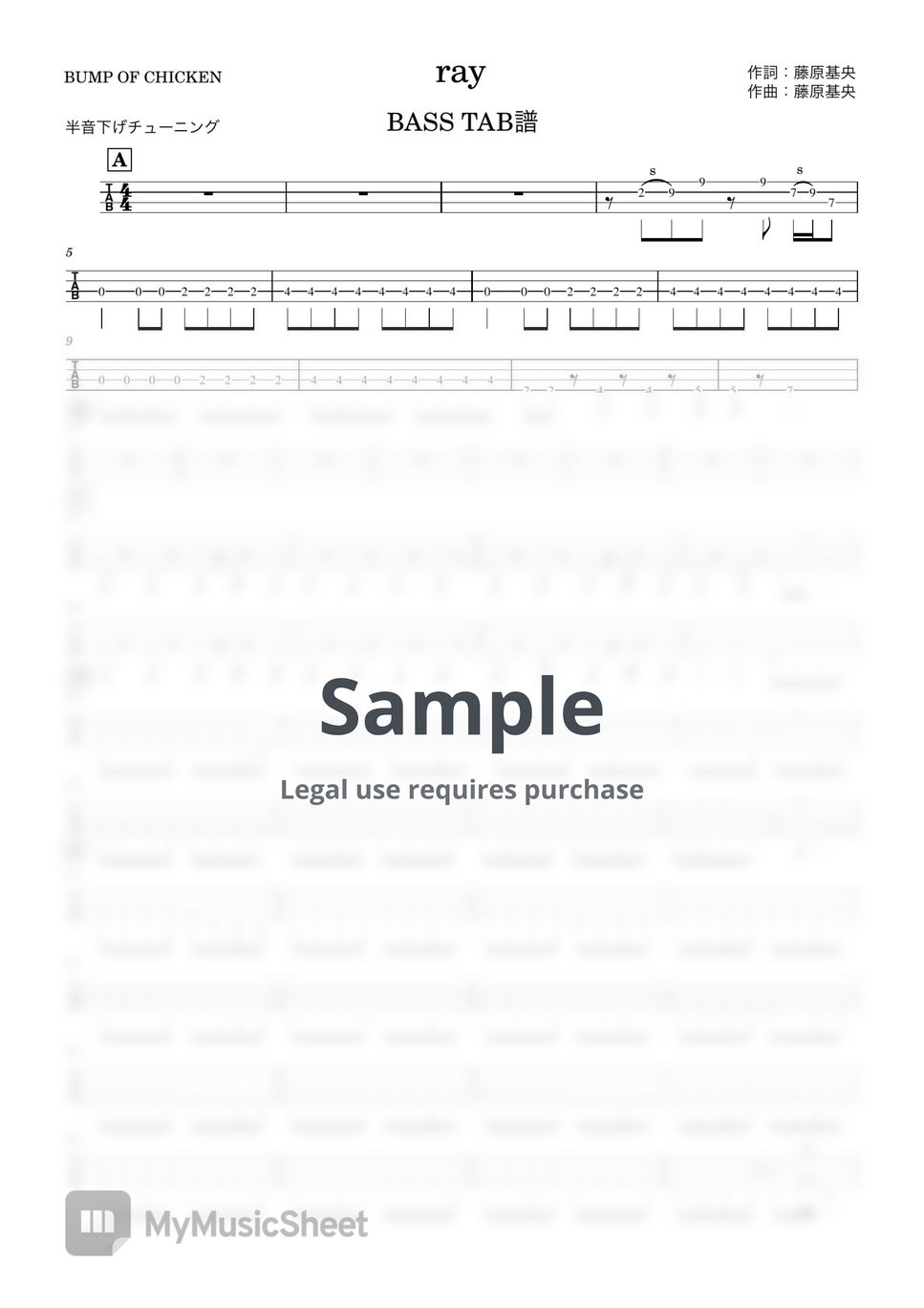 BUMP OF CHICKEN - ray (『ベースTAB譜』半音下げチューニング4弦ベース対応) 악보 by 箱譜屋