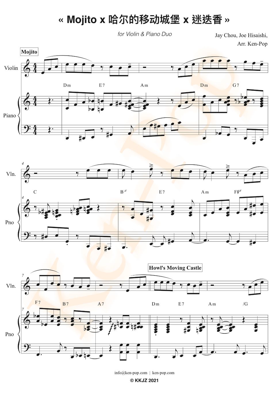 Jay Chou Mojito x Howl's Moving Castle x 迷迭香 (Violin & Piano) Sheet