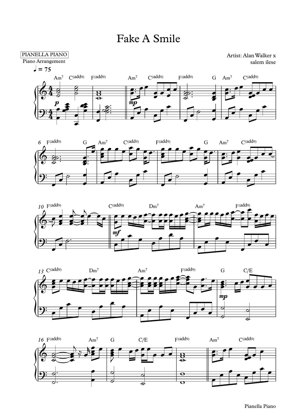 Alan Walker x salem ilese Fake A Smile (Piano Sheet) Sheet by