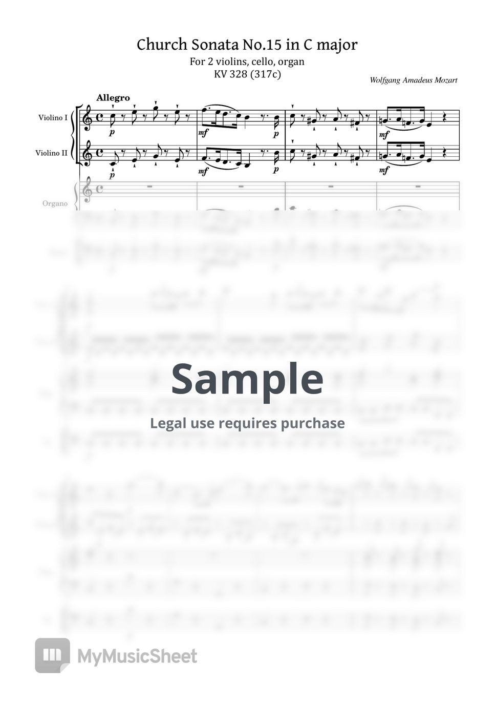 Wolfgang Amadeus Mozart - Church Sonata No.15 in C major, K.328/317c (For 2 violins, cello, organ Original) by poon