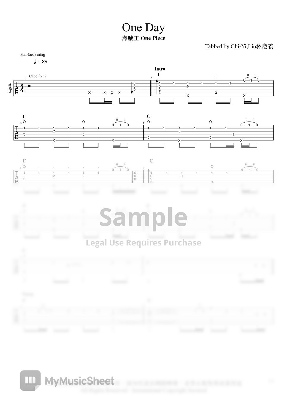 海賊王 ONE PIECE One Day 악보 by ChiYi,Lin林慶義