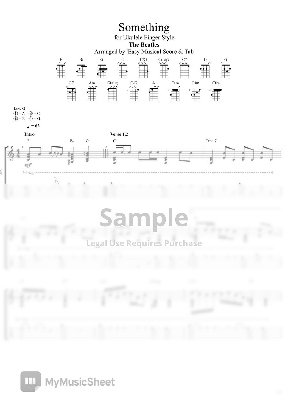 The Beatles - 'Something' Tab for Ukulele Fingerstyle (for 'Low G tuning') by "Easy Musical Score & Tab"