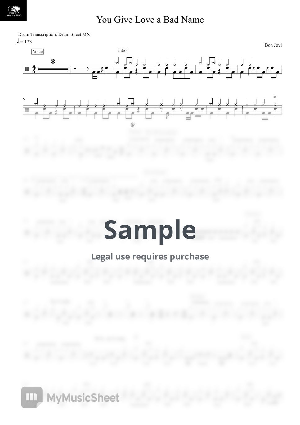 Bon Jovi - You Give Love a Band Name by Drum Transcription: Drum Sheet MX
