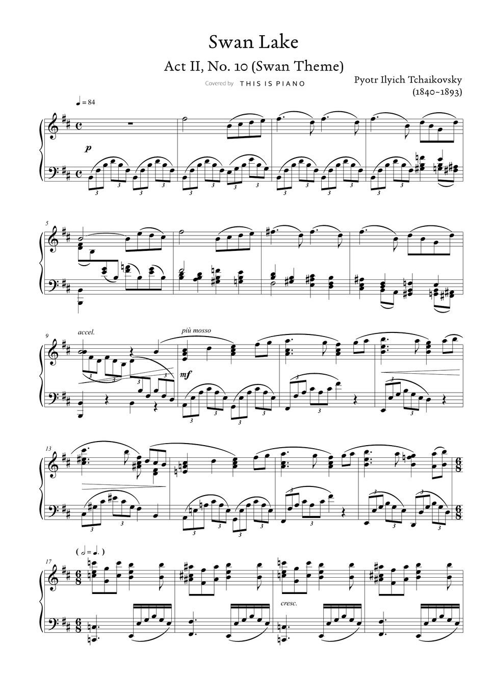 P i tchaikovsky swan lake act ii no 10 swan theme sheet by this