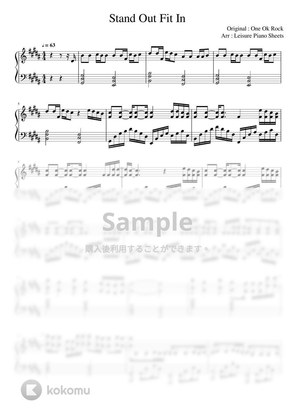 ONE OK ROCK - Stand Out Fit In ピアノ楽譜PDF | Leisure Piano