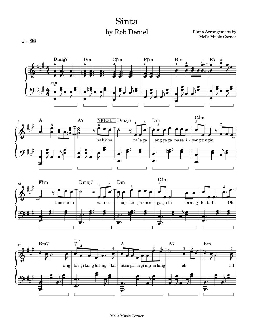 Rob Deniel - Sinta (piano sheet music) by Mel's Music Corner