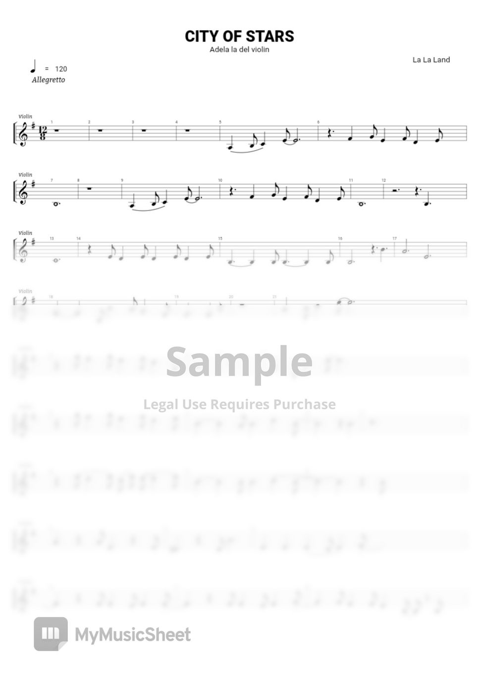 City of Stars (from La La Land) sheet music for violin solo (PDF)