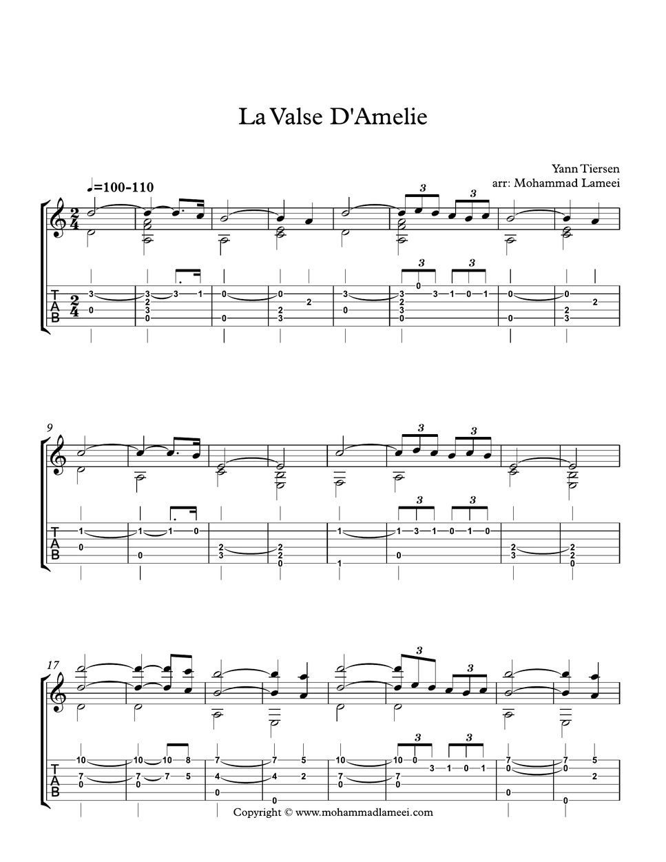 Yann Tiersen La Valse D Am Lie Tab Staff By Mohammad Lameei