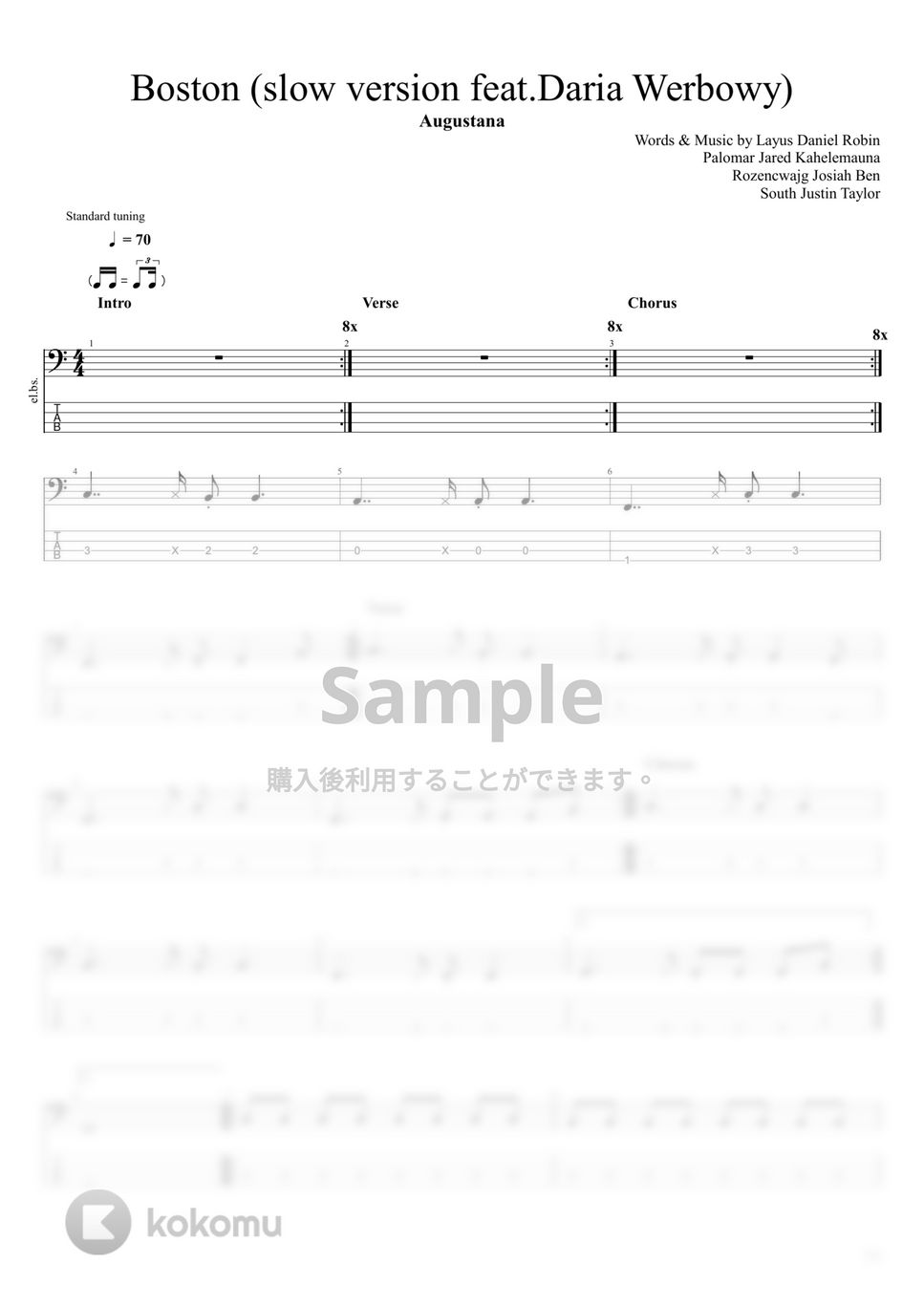 Augustana Boston (slow version feat.Daria Werbowy) タブ + 五線譜 by まっきん