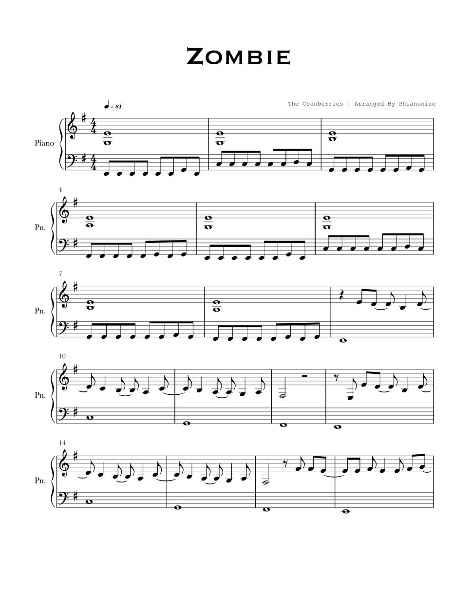 The Cranberries - Zombie (Easy Version) Sheets By PHianonize