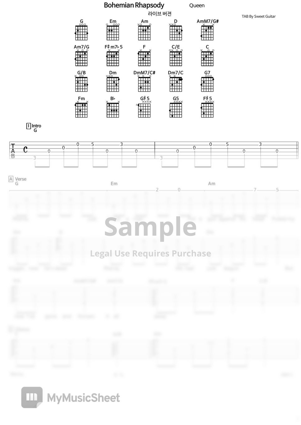 Bohemian Rhapsody Acoustic Guitar TAB (Queen - Live at LIVE AID 버젼 ,1985) 보헤미안랩소디 통기타악보 by sweet guitar