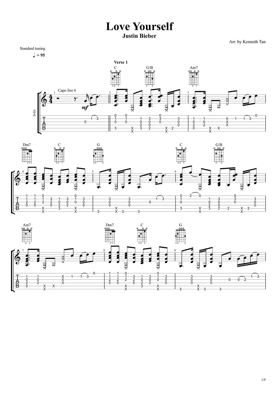 Justin Bieber Fingerstyle Guitar Love Yourself TAB by Acoustic