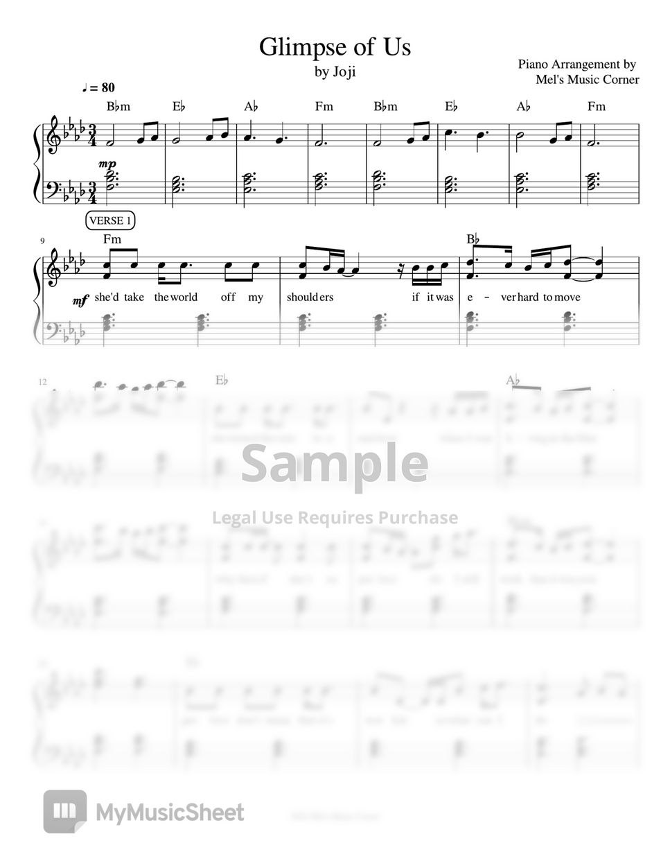 Joji - Glimpse of Us (piano sheet music) by Mel's Music Corner