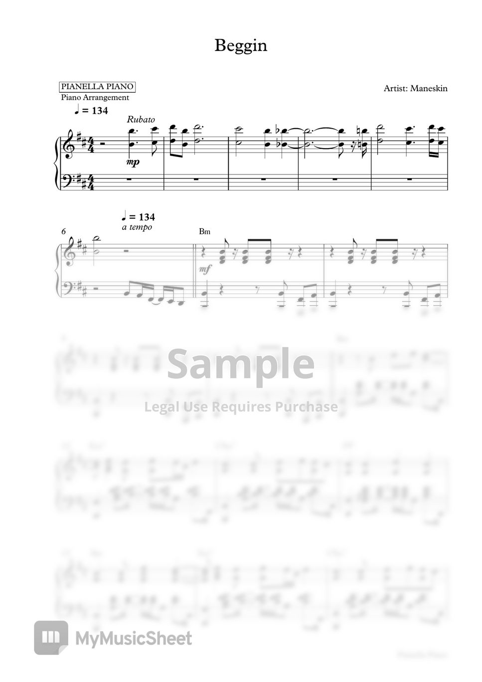 Maneskin - Beggin (Piano Sheet) by Pianella Piano