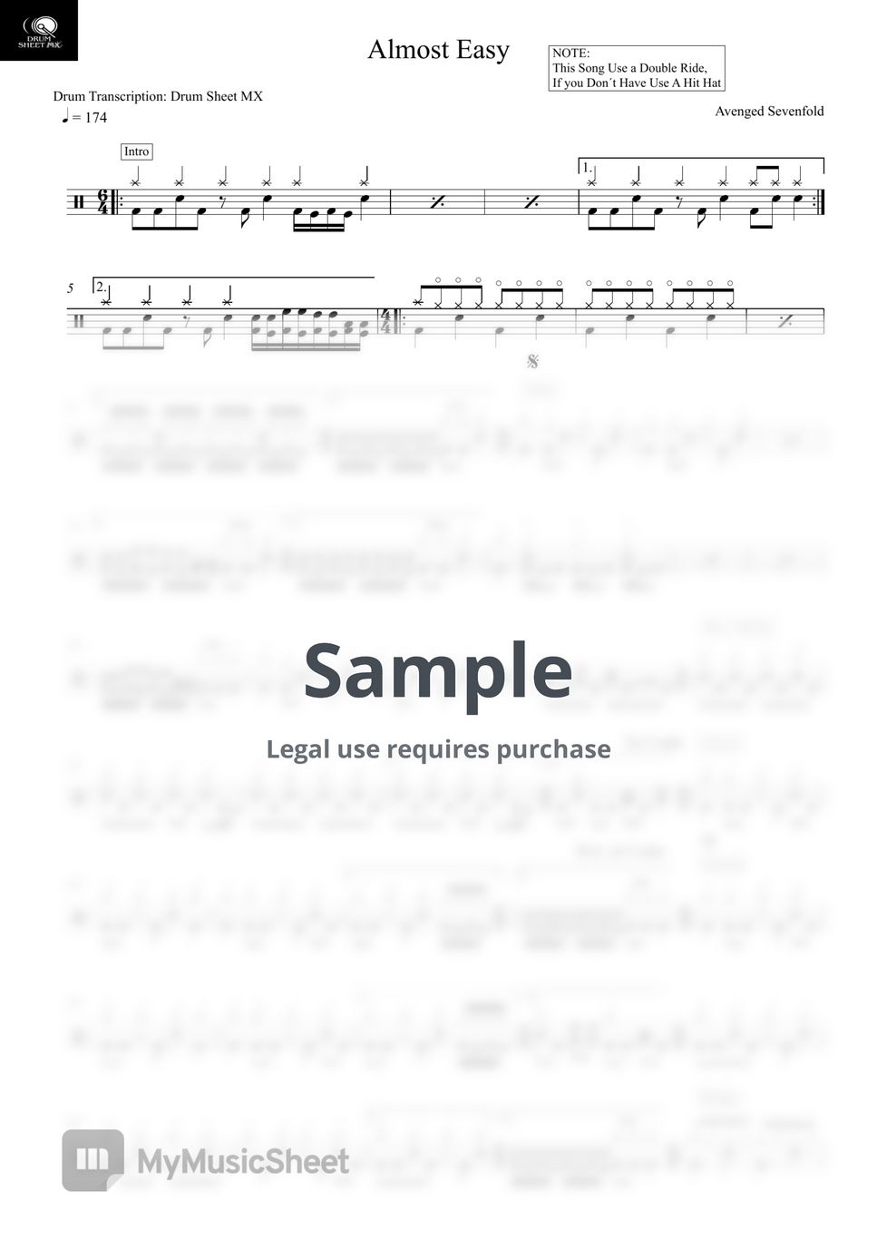 Avenged Sevenfold - Almost Easy by Drum Transcription: Drum Sheet MX