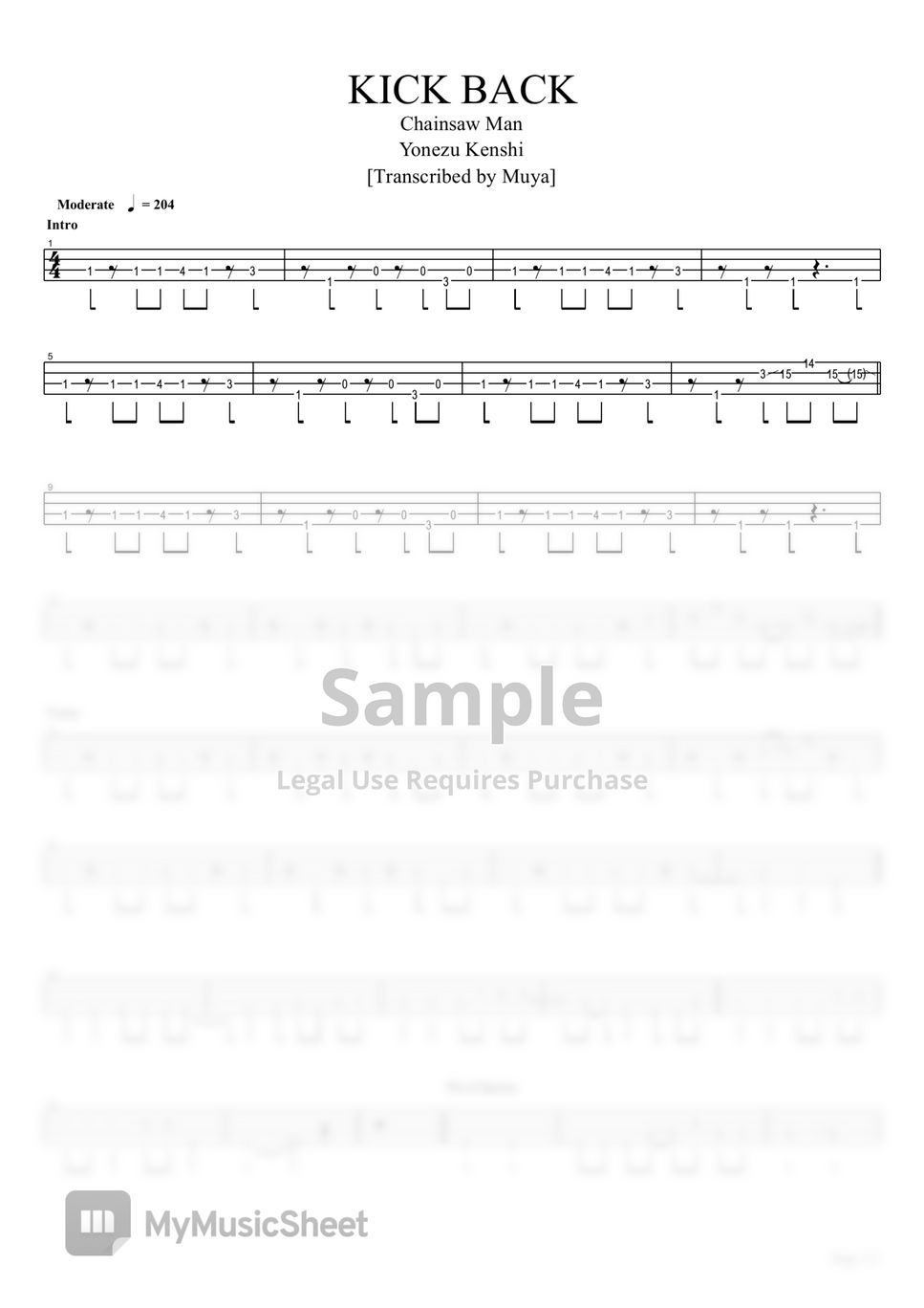 Yonezu Kenshi KICK BACK (Bass TAB Short Ver.) Sheets by Muya Rizal