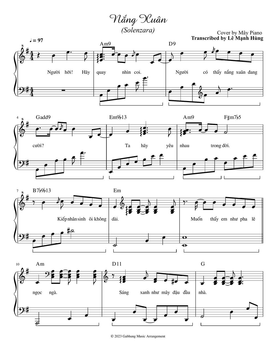 Cover by Mây Piano Nắng Xuân (Solenzara) (Transcribed) Notenblatt by